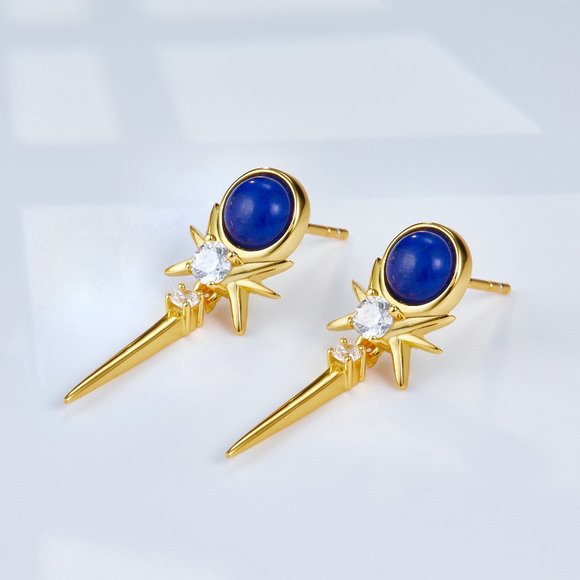NEW 18K gold plated sterling silver earrings,natural lapis lazuli,gemstone - Picture 3 of 12